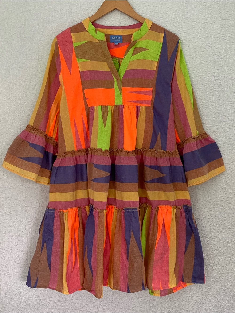 Happy Island Greek Resort Multicolor Striped Tiered Dress Neon Orange & Lime NEW